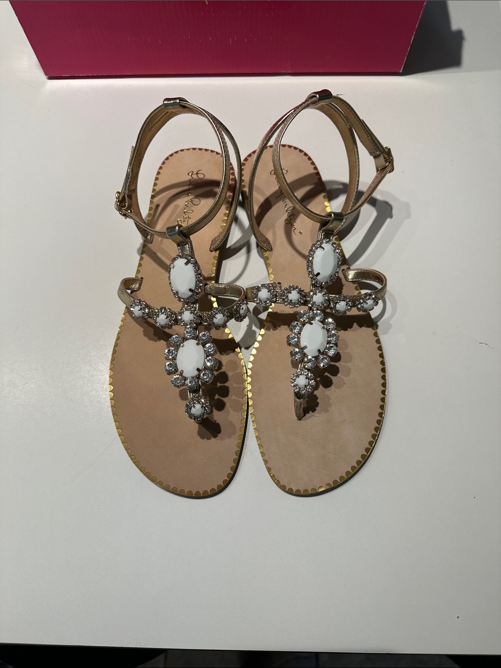NEW Lilly Pulitzer Gold Katie Sandals with White Gem and Rhinestone Accents - Picture 8 of 9